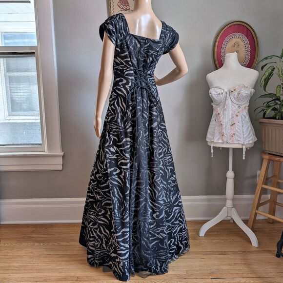 Vintage 90s Jody California Ball Gown Regency Empire Prom Dress Zebra Glitter - Picture 4 of 12